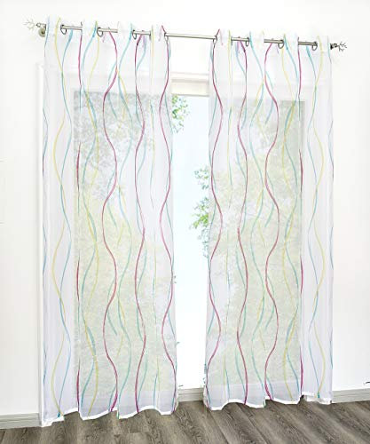 BAILEY JO 1er-Pack Gardinen mit Wellen Druck Design Vorhang Transparent Voile Vorhänge (BxH 140x145cm, Bunt Blau mit Ösen)