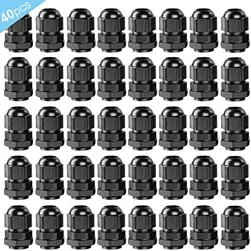 QitinDasen 40Pcs Premium Nylon Cable Gland, PG7 Prensaestopa, 3~6.5mm Ajustable IP68 Impermeable Empalmes de Prensaestopas, Impermeable Cable Glándula Conector con Juntas (Negro)