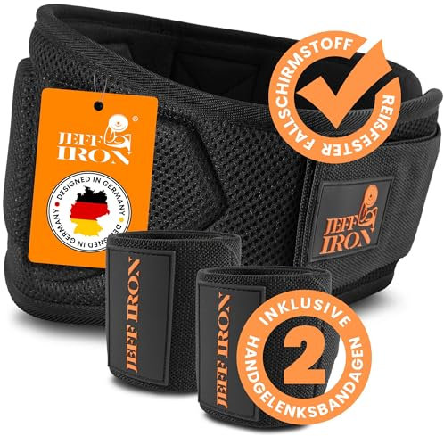 Jeff Iron Gewichthebergürtel mit Handgelenk Bandagen – Gewichtsgürtel für Damen & Herren – Fitness Gürtel für Krafttraining, Gym, Powerlifting – Rückengurt mit Klettverschluss & Rückenstütze