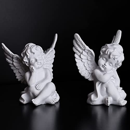 orenm Lot de 2 Statues d'ange Blanc en résine - Statue de Jardin endormi - Décoration d'intérieur et d'extérieur - Adorable Sculpture d'angle - 10,2 cm de Hauteur (Blanc)