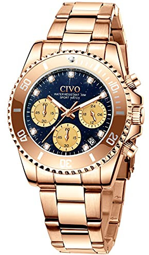 CIVO Damen Uhr Roségold Wasserdicht Chronographen Edelstahl Designer Analoger Quarz Uhren Damen Datum Kleid Elegant Beiläufig