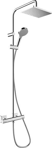 hansgrohe Vernis Shape - wassersparendes Duschsystem (EcoSmart+) mit Thermostat, Regendusche (230 x 170 mm) mit Armatur, Handbrause, Schlauch, Brausestange und eckiger Kopfbrause, Chrom, 26319000