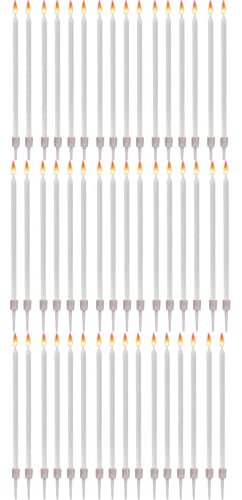 48 Bougies Anniversaire Longues Fines & Supports - Taille 12 cm x 0,5 cm - Couleur Blanc