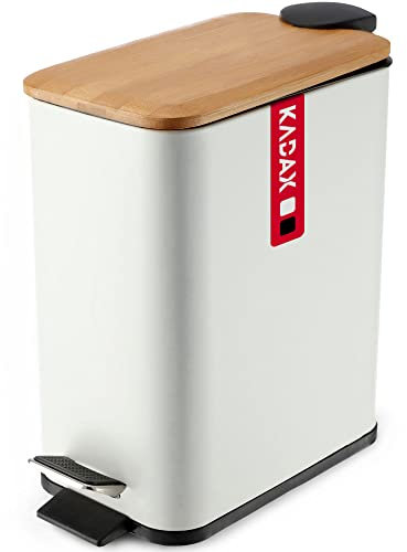 KADAX Cubo de basura de acero con recubrimiento en polvo, con contenedor interior, pedal, descenso automático y tapa de bambú (5 l, blanco, rectangular)