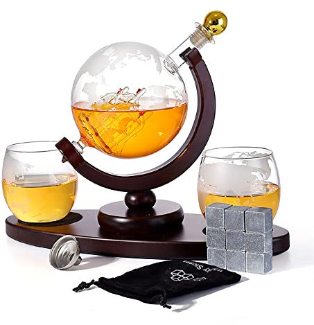 N.F Carafe à Whisky, Ensemble de carafes, Carafe à Globe avec voilier Artisanal et Carte du Monde gravée pour Alcool, Rhum, Scotch, Meilleur Cadeau pour Homme, 900 ML
