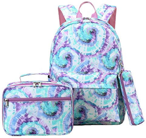 SIVENKE Schulrucksack Mädchen Teenager Tie Dye Schultasche Rucksack Set Schulranzen für Mädchen Schule Freizeit mit Lunchpaket Tasche und Mäppchen