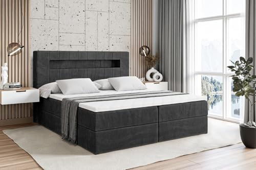 ALTDECOR Boxspringbett mit Matratze und Lattenrost, LED Boxbett, Topper, Polsterbett mit Bettkasten, Bett mit Stauraum H3-Matratze, Doppelbett, Springboxbett - ORGOL2-180x200 - Schwarz Samt