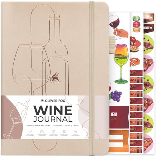 Clever Fox Journal de vin pour dégustation de vin – Journal de vin guidé et carnet de bord avec instructions de dégustation, roue d'arômes, appariement des aliments et guide en verre – 132 entrées,