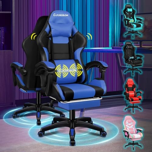 ELFORDSON 2-point Massage Gaming Chair with XL Lumbar Cushion Headrest Footrest, Comfy Computer Office Chairs Tall Back for Home Office Blue and Black