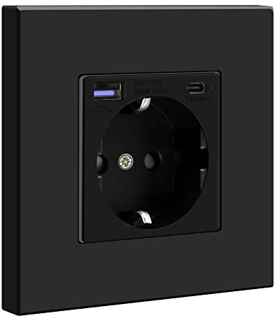 BSEED Steckdose USB C 20W Schnellladen, USB Steckdose unterputz mit Type C, Unterputz Steckdose mit USB C, PC Panel Steckdosen Kindersicherung, Einbausteckdose, Schuko Steckdose, Schwarz - 86mm