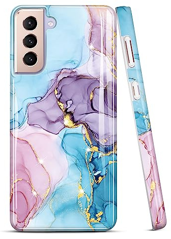 JIAXIUFEN Galaxy S21 Hülle Handyhülle TPU Silikon Weiche Schlank Schutzhülle HandyTasche Flexibel Case Handy Hülle für Samsung Galaxy S21 5G - Marmor Glitter Blue Purple Pink