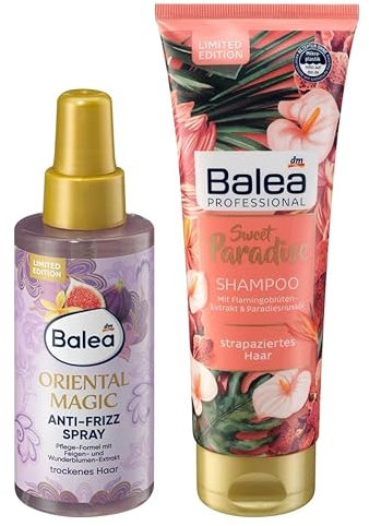 Balea 2er-Set Haarpflege: Anti-Frizz-Spray ORIENTAL MAGIC Extra-Pflege unkompliziertes Styling für trockenes Haar (150 ml) + Shampoo SWEET PARADISE exotische Pflege strapaziertes Haar (250 ml) 400 ml