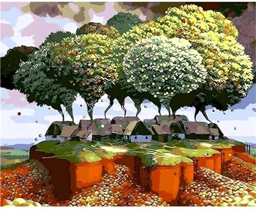 Yoonqun Malen Nach Zahlen Erwachsene,Baumhaus-Landschaft DIY Ölgemälde auf Leinwand Erwachsene Kinder Ölgemälde Kit mit Pinseln und Acrylfarbe für Home Décor (mit Rahmen) 60x75cm