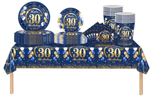 69pcs Navy Blue Gold 30th Birthday Decorations - Happy 30th Birthday Tablecloth, Paper Plates, Napkins, Cups Set for Him, Her