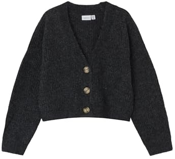 Name IT Mädchen Nkfholly Boxy Short Knit Card Noos Strickjacke, Dark Grey Melange, 146-152 EU