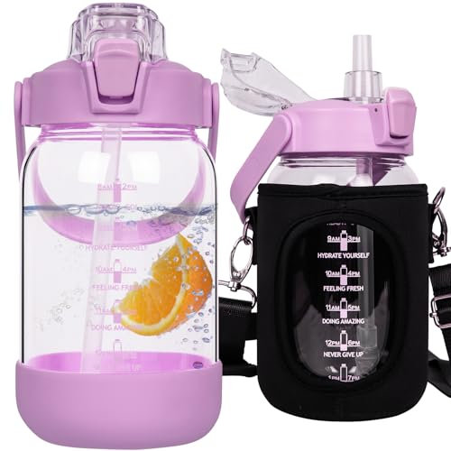 Seekua 1l Glass Water Bottle with Straw & Motivational Time Markings 1 litre Large Leakproof Gym Drinking Bottle