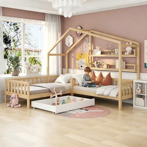 Lexiou Kinderbett Hausbett mit Schubladen und Regalen, Massivholz mit Zaun und Lattenrost, L-Struktur (Natur)