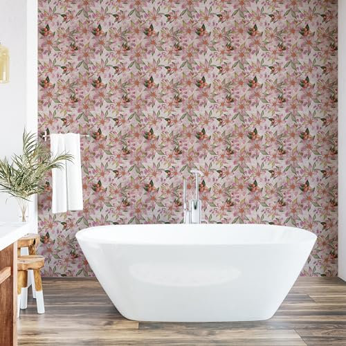 ABAKUHAUS Sommerliches Blumenmuster abziehbare & klebbare Tapete für Zuhause, Natur Blüten Beeren, selbstklebendes Wohnzimmer Küchenakzent, 33 cm x 180 cm, Orange Rosa Reseda Grün