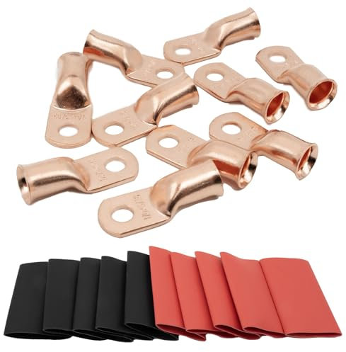 MEYOOZIISU 10pcs 1/0 AWG-5/16 Wire Lugs - 0 Gauge Battery Cable Lugs, Copper Terminal Connectors, Ring Terminals, Marine Terminals - Includes 10 3:1 Heat Shrink Tubes