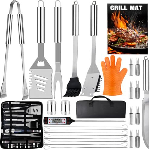 28Pcs Utensilios de Barbacoa de Acero Inoxidable, Accesorios de Barbacoa de Gas y Carbón para Camping en Portátiles Maletín, Kit Práctico de Utensilios de Parrilla de Barbacoa, Regalos para Hombres.