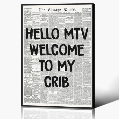 Hi MTV, Welcome To My Crib Zeitung, Leinwand-Kunst, Vintage-Schwarz-Weiß-Nachrichtenposter, trendiges 70er-Jahre-Zimmer-Poster, ästhetisches Poster für Wand, Typografie-Druckkunst für Schlafzimmer, 61