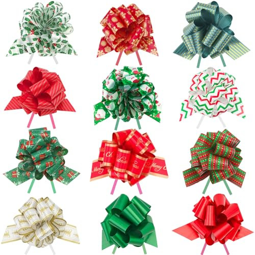 jijAcraft 24 Stück Weihnachts Geschenkschleifen Pull Bows, Weihnachtsschleifen Selbstklebend 13cm, Weihnachts Schleifen Zubehör für Geschenkverpackungen, Weinflaschendeko, Weihnachtsdeko - Streifen