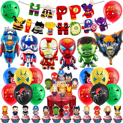 40PCS Hero Decorations - Movie Theme Party Supplies for Kids Birthday Pack with Cake Toppers, Balloon Banner, Foil Balloon