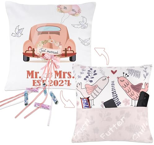 Merclix Hochzeitsgeschenke für Brautpaar Kissenbezug 45x45 mit 3 Tasche Hochzeitsgeschenk Geld Geldgeschenk Hochzeit Hochzeitsdeko Geschenk Hochzeit Deko Geldgeschenke zur Hochzeit Wedding