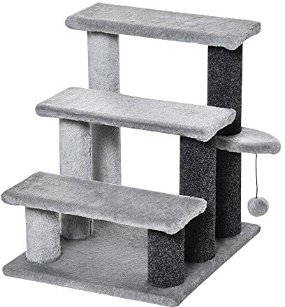 PawHut Pet Stairs, Cat Tree Climb Ladder with 3-step Stair, Scratching Posts, Platforms, Toy Ball, for Indoor Cats, Grey
