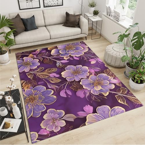 Tappeto con fiori viola acquerello, per soggiorno, retrò, pastorale, floreale, antiscivolo e resistente, decorazione per la casa, per bambini, facile da pulire, 180 x 200 cm