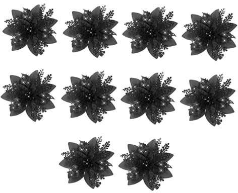 Sharplace 10 Stück Sparkle Poinsettia Flowers, Künstliche Blumen für Valentinstag, dekorative Blumen für DIY Hochzeitssträuße, 14,5 cm, Blumen Dekoration für Valentinstag Frauentag Ostern, Schwarz