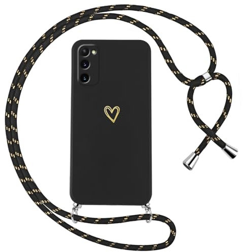 Oelrstfe Handyband für Samsung Galaxy S20 Hülle mit Band Herz Motiv Handyhülle für zum Umhängen Silikon Stoßfest Ultra Dünn Weich Schutzhülle mit Kordel Necklace Kette Love Muster Case,Schwarz