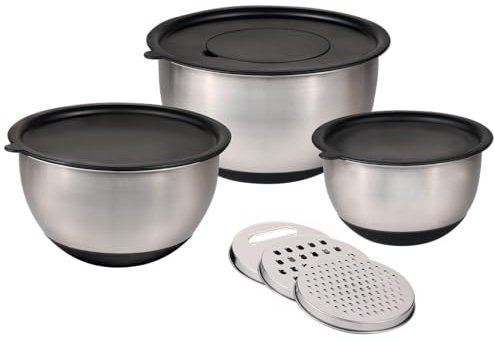 Kesper | Edelstahl-Schüssel Set, 3 Schüsseln mit Deckel und Reiben, Rutschfester Silikonboden, Inkl. 3 Reiben | 90899