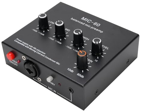 Microphone Preamp Mic Gain Booster 3 Input with 48V Phantom Power, XLR Balanced, 3.5mm/6.35mm Output, for Dynamic and Condenser Mic (With 3.5mm Sound Cable)