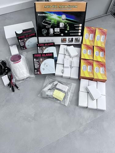 GSM Funk-Alarmanlage Set, Drahtloses Sicherheitssystem mit Bewegungsmelder, Rauchmelder, Sirene, Telefonalarmierung