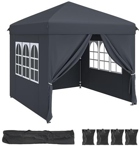 DWVO 2.5x2.5Meter Outdoor Pop-Up Gazebo with Sides and Windows All-Season Waterproof Folding Camping Gazebo – Garden Canopy with Anti-UV Protection, Adjustable Height, Stakes, Rope & Carry/Weight Bags