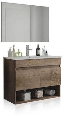 duehome | Mueble de Baño Suspendido con 2 Puertas, Espejo y Lavabo Cerámico, Modulo Colgante, Modelo Thai, Acabado en Nordik, Medidas: 80 cm (Ancho) x 64 cm (Alto) x 45 cm (Fondo)