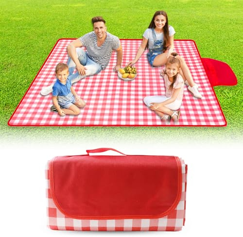 Picknickdecke Wasserdicht Stranddecke Picknickdecken Picknickmatte Rot Weiß Kariert Piknik Decke Campingdecke mit Tragegriff Picnic Blanket Camping Pad Strandmatte Stranddeck Große Strand Decke
