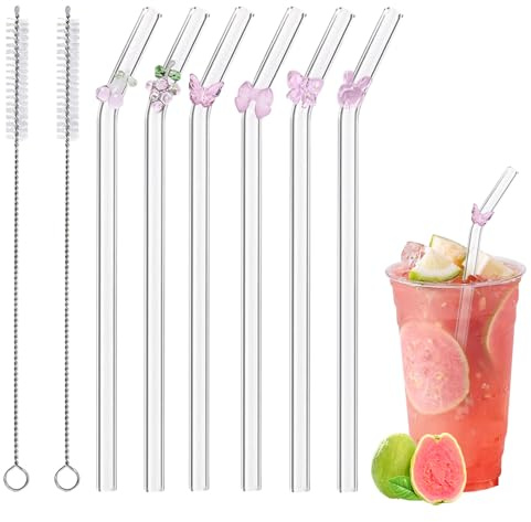 Pink Glass Straws Reusable, 6 PCS Glass Straws Drinking with 2 Cleaning Brushes, Clear Straw with Bows, Cherry, Bunny
