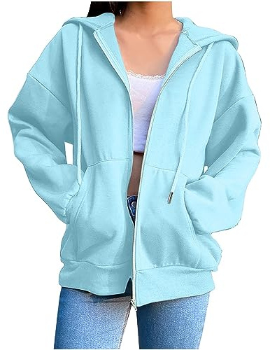 Felpe da donna a maniche lunghe con zip con cappuccio leggere casual a maniche lunghe con tasche cappotti con cappuccio larghi abiti, Azzurro-c, S