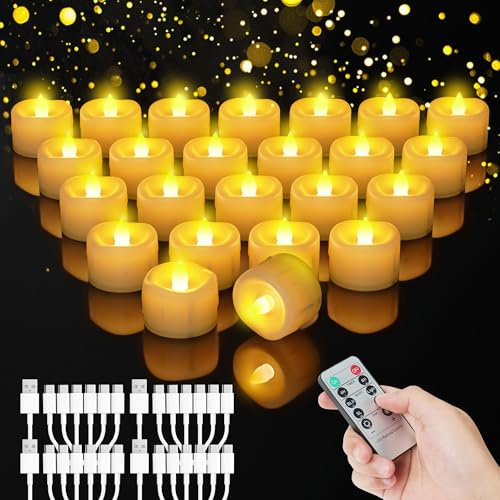 24 Stück LED Teelichter Wiederaufladbare mit Fernbedienung und Timer | Dimmbar Kerzen mit 6-in-1 USB-C Ladekabel Timerfunktion Elektrische Aufladbar Candles für Halloween Weihnachten Party Deko