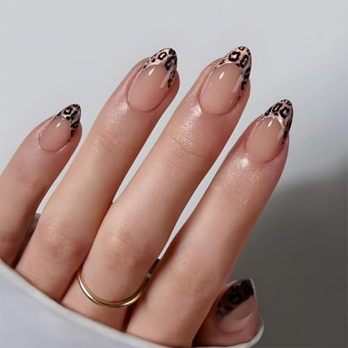 24PCS Short Almond Press On Nails – Nude French Tip Leopard Print Fake Nails – Easy to Apply Stick On Acrylic for Women, Suitable for Daily Wear & Parties
