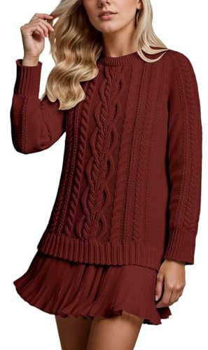 Damen Strickkleid-Set mit Zopfmuster-Pullover und Plissee-Rock - Zweiteiliges Outfit im Lagenlook | Elegantes Set für Herbst und Winter