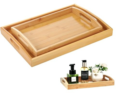 2 Pezzi Vassoio Legno con Manici, Durabile Vassoio da Portata per Tè Snack Caffè (40 x 28cm & 33 x 22cm), Vassoili Rettangolari per Display, Servizio e Alimentari | 40 x 28 cm e 33 x 22 cm, vassoi per servire cibo per tè e caffè, vassoi in legno per esposizione e cibo