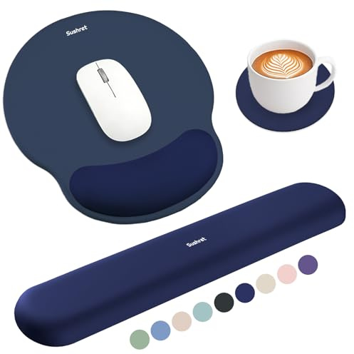 Sushret Mauspad & Tastatur Handballenauflage Set, Memory-Schaum + Gelkissen | 3-in-1 Ergonomisches Handgelenkstützen-Set, rutschfest & Slow-Rebound, Mousepad mit Handauflage, Büro & Gaming，Dunkelblau