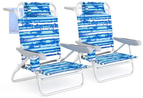 COSTWAY Strandstühle klappbar leicht, 2er Set, Campingstühle mit Verstellbarer Rückenlehne, Kopfstütze, Getränkehalter & Handtuchhalter, Klappstühle, Outdoor-Stühle bis 150 kg belastbar, Blau