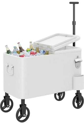 Outsunny Chariot réfrigérant 56L décapsuleur 75x35x120 cm Blanc | Chariot boissons, poignée réglable, décapsuleur, drainage, poignée, table réfrigérante, pour jardin, terrasse, fête, BBQ