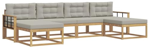 vidaXL Outdoor-Sofagarnitur mit Kissen 6 pcs Weiß und Hellgrau, Moderne Akazien-Gartenmöbel, wetterfester Sofa-Set, stylische Sitzgelegenheit für Terrasse und Pool