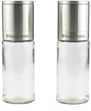 Russell Hobbs Set de moulins sel et poivre anti-déversement, céramique | Corps verre transparent, couvercles inox, rechargeables, anti-déversement, réglage fin à gros sur chaque moulin