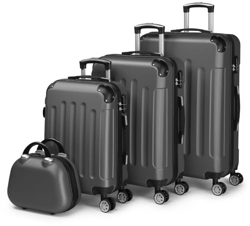 LALAHO Kofferset 4 teilig (Dunkelgrau) | Reisekoffer Set mit Kosmetikkoffer, Hartschalen Koffer Set aus ABS, Gepäckset mit Schminkkoffer, Handgepäck